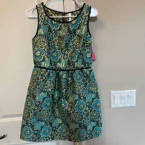 Xhilaration Teal and Gold Floral Jacquard Fit-and-Flare Dress